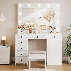 Garvee White Vanity Desk with Mirror and Light, Makeup Vanity Table with Charging Station, 7 Storage Drawers, 1 Cabinet, 3 Color Lighting Modes, Modern Wooden Dressing Table for Bedroom