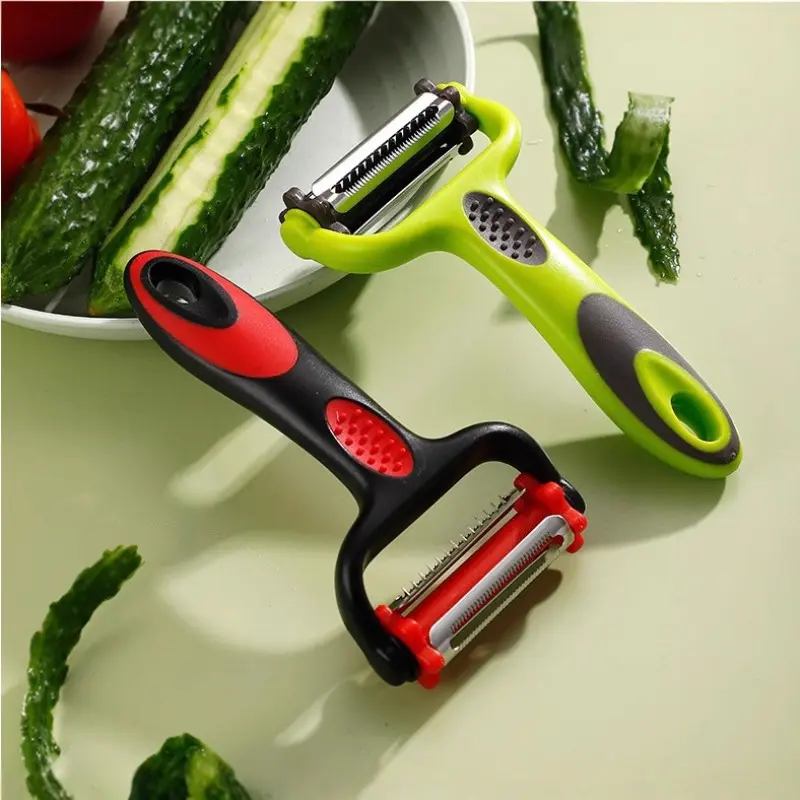 1pc 3-in-1 Julienne Peeler Slicer with Ergonomic Rubber Handle & Stainless Steel Blades - Multifunctional Vegetable & Fruit Peeler with Julienne Cutter & Standard Blade for Zucchini Noodles, Salads, Kitchen Gadget, Vegetable Slicer And Chopper