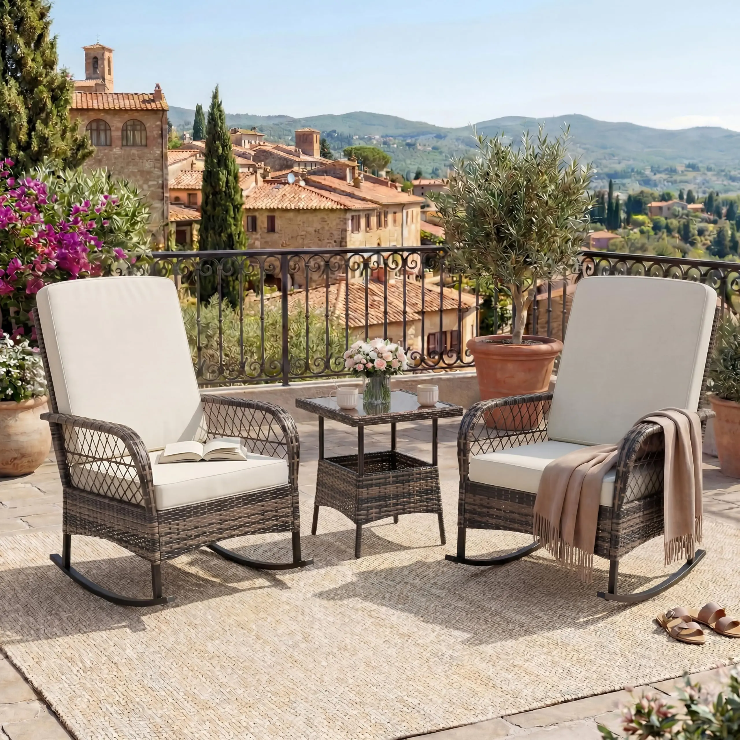 3 Piece Outdoor Wicker Rocking Chair Set – Hollow Rattan Rockers with Cushions and Side Table – Gradient Brown or Gray Wicker, Beige or Blue Cushions – Perfect for Patio, Balcony, Porch, Garden