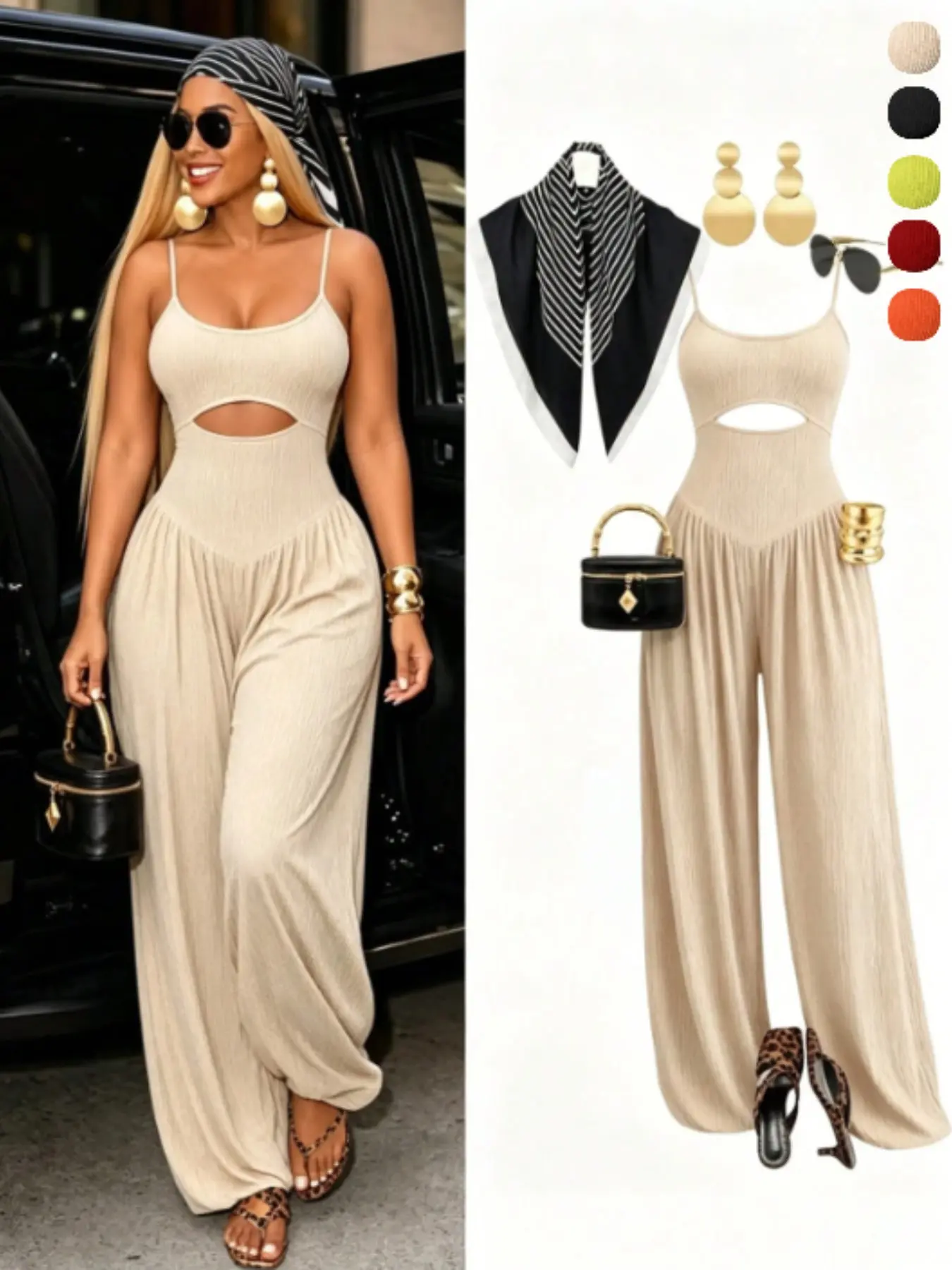 Women's Fashion Dressy Casual Solid Color Hollow Out Cutout Waist Halter Top Jumpsuit, Tie Design, Elastic Texture Fabric, Summer Loose-Fitting