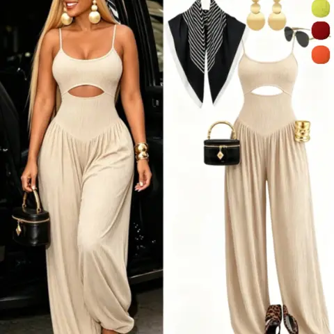 Women's Fashion Casual Solid Color Hollow Out Waist Halter Top Jumpsuit, Tie Design, Elastic Texture Fabric, Summer Loose-Fitting, Chic