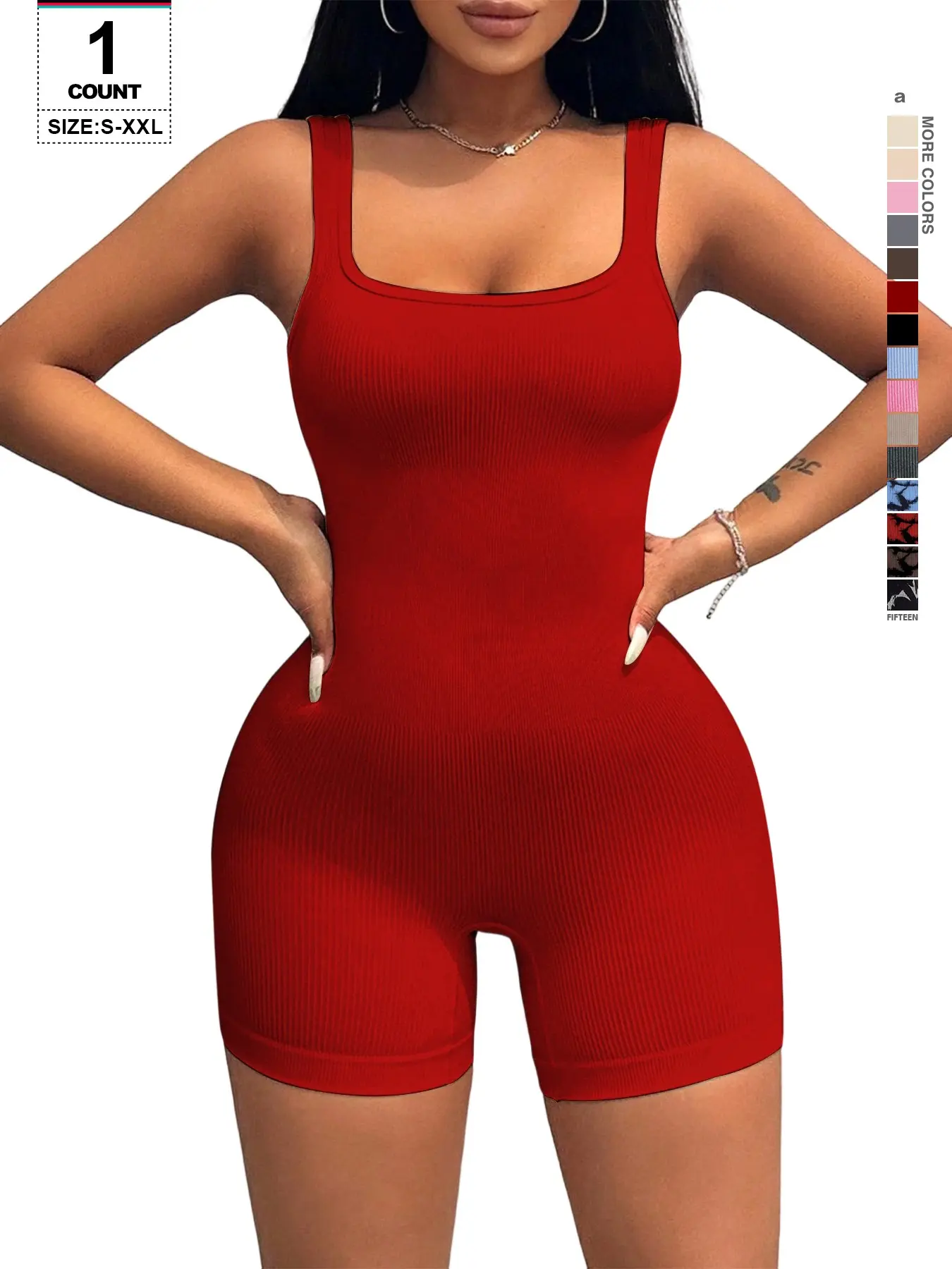 Women Square Neck Sleeveless Short Romper, Stretch Bodycon One Piece Jumpsuit, Casual Gym Workout, Workout Jumpsuits, All Seasons Wear