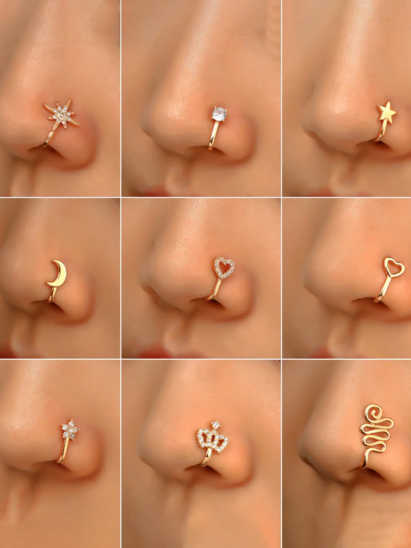 9-Piece Non-Perforated Nose Clip Set, Copper Zircon U-Shaped Star Heart Crown Nose Ring, No Piercing Jewelry Kit, Fashion Accessory, Fashion Body Jewelry