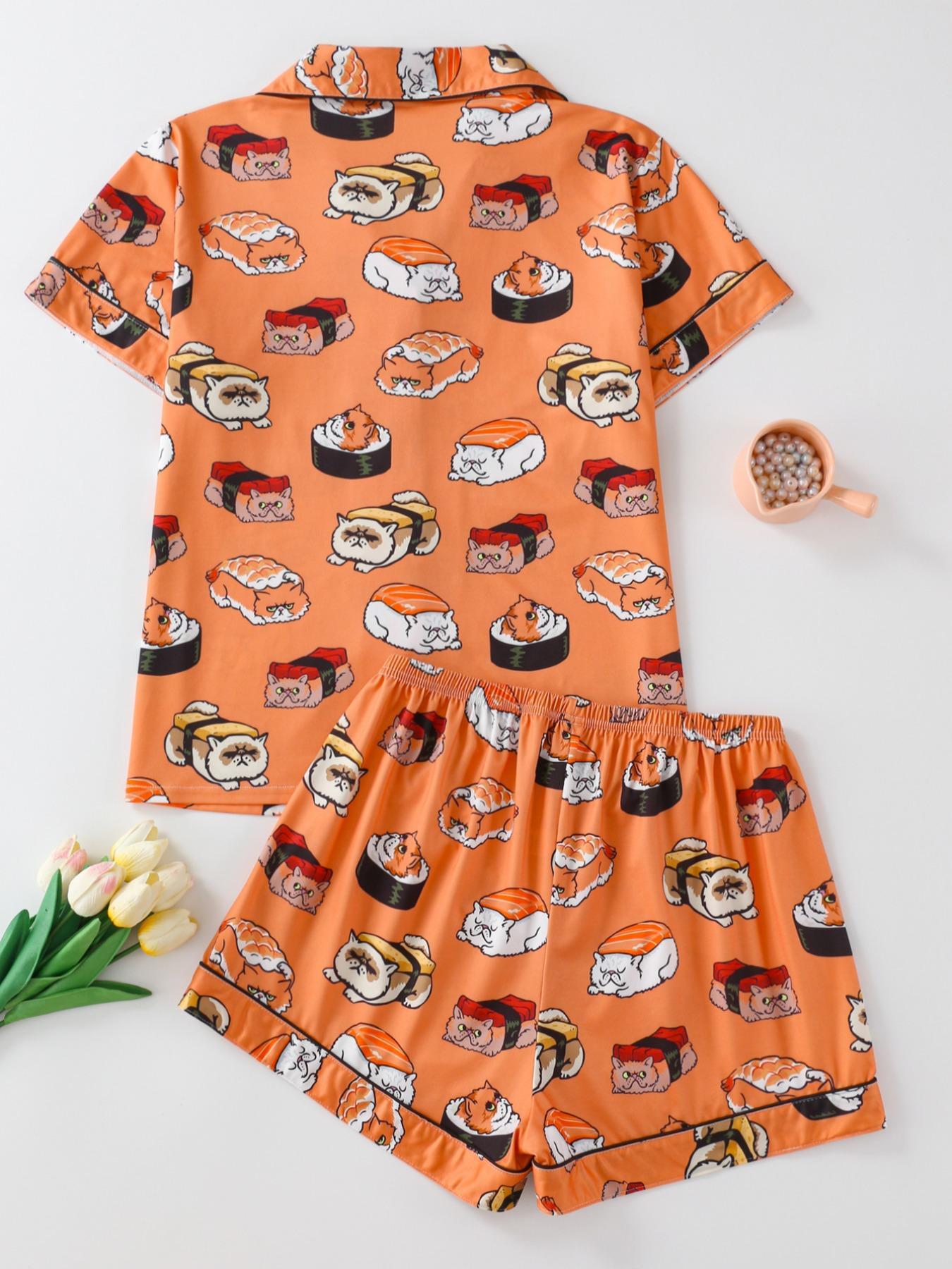 Women's All Over Cartoon Cat Print Short Sleeve Pajama Two-Piece Set, Regular Fit Casual Comfy Shortsleeve Button Front Chest Pocket Design Lapel Neck Top & Elastic Waist Shorts PJ Set, Ladies Sleepwear for All Seasons