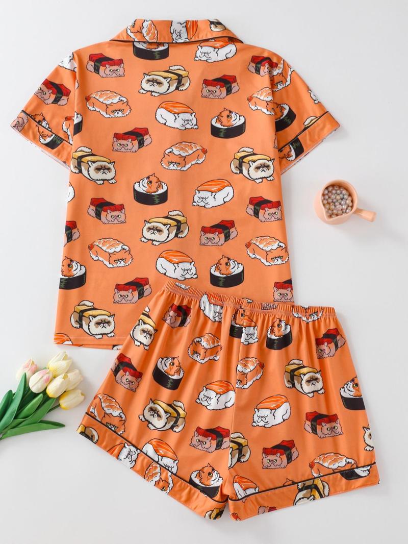 Women's All Over Cartoon Cat Print Short Sleeve Pajama Two-Piece Set, Regular Fit Casual Comfy Shortsleeve Button Front Chest Pocket Design Lapel Neck Top & Elastic Waist Shorts PJ Set, Ladies Sleepwear for All Seasons