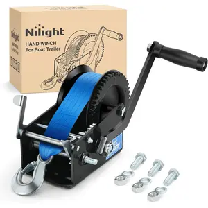 Nilight Boat Trailer Winch 3500 LBS Hand Crank Winch Heavy Duty Boat Winches with 33 FT Blue Strap Rope Hook Two Way Ratchet 4:1 8:1 Gear Portable Marine Manual Winch for Trailers Boat RV ATV Towing