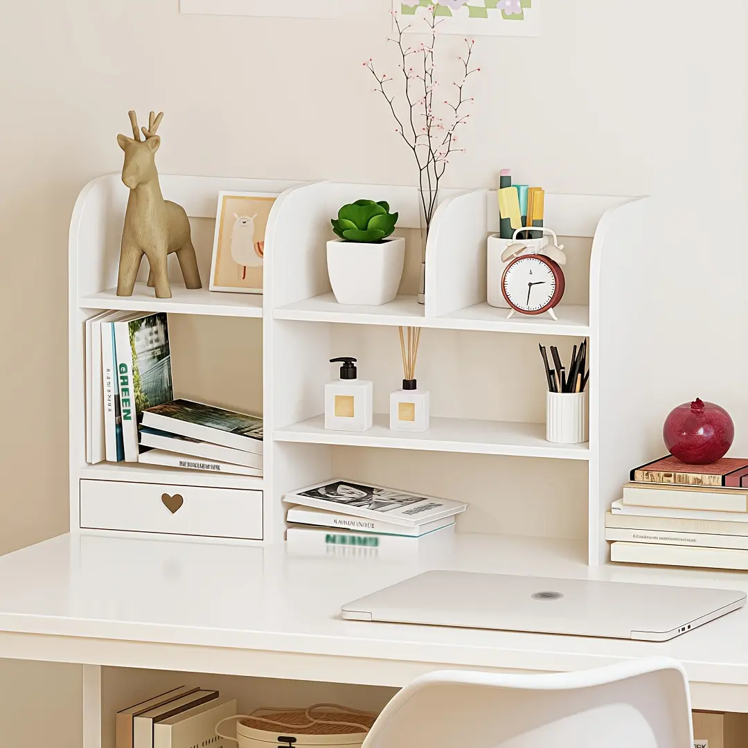 Multi-Tier Double Layer Desk Organizer with Drawer Storage, Space-Saving Desktop Shelf for Office Supplies, Stationery, Cosmetics, Suitable for Bedroom, Office, Dorm & Home Storage