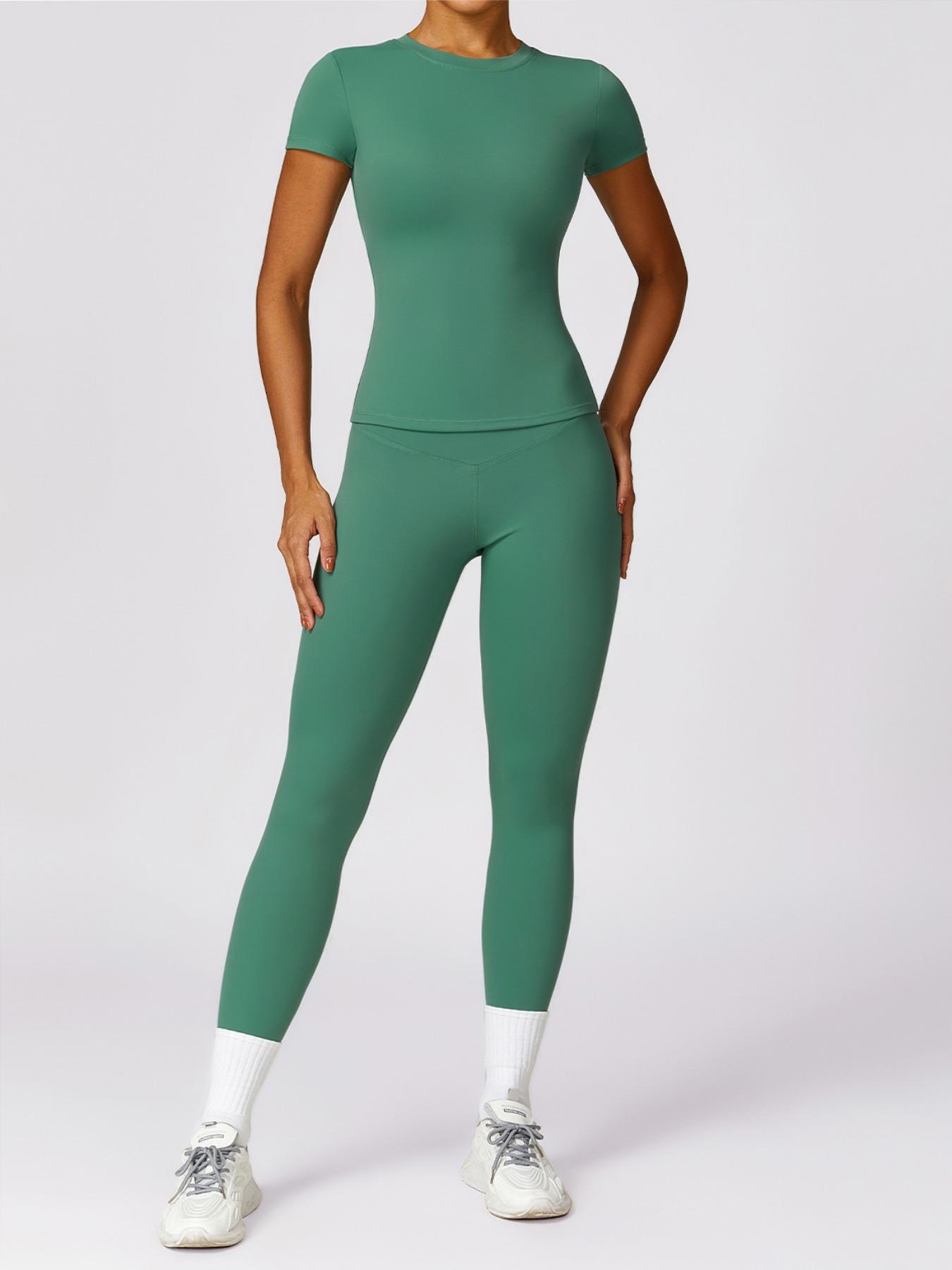 Women's Plain Round Neck Crop Tee & High Waist Leggings Yoga Set, Breathable Quick-Drying Short Sleeve T-Shirt & Skinny Pants Set for Gym Workouts and Running, Workout Running Clothes, Ladies' Sportswear for All Seasons