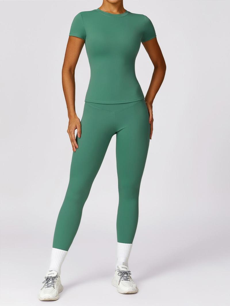 Women's Plain Round Neck Crop Tee & High Waist Leggings Yoga Set, Breathable Quick-Drying Short Sleeve T-Shirt & Skinny Pants Set for Gym Workouts and Running, Ladies' Sportswear for All Seasons, Athleisure Wear