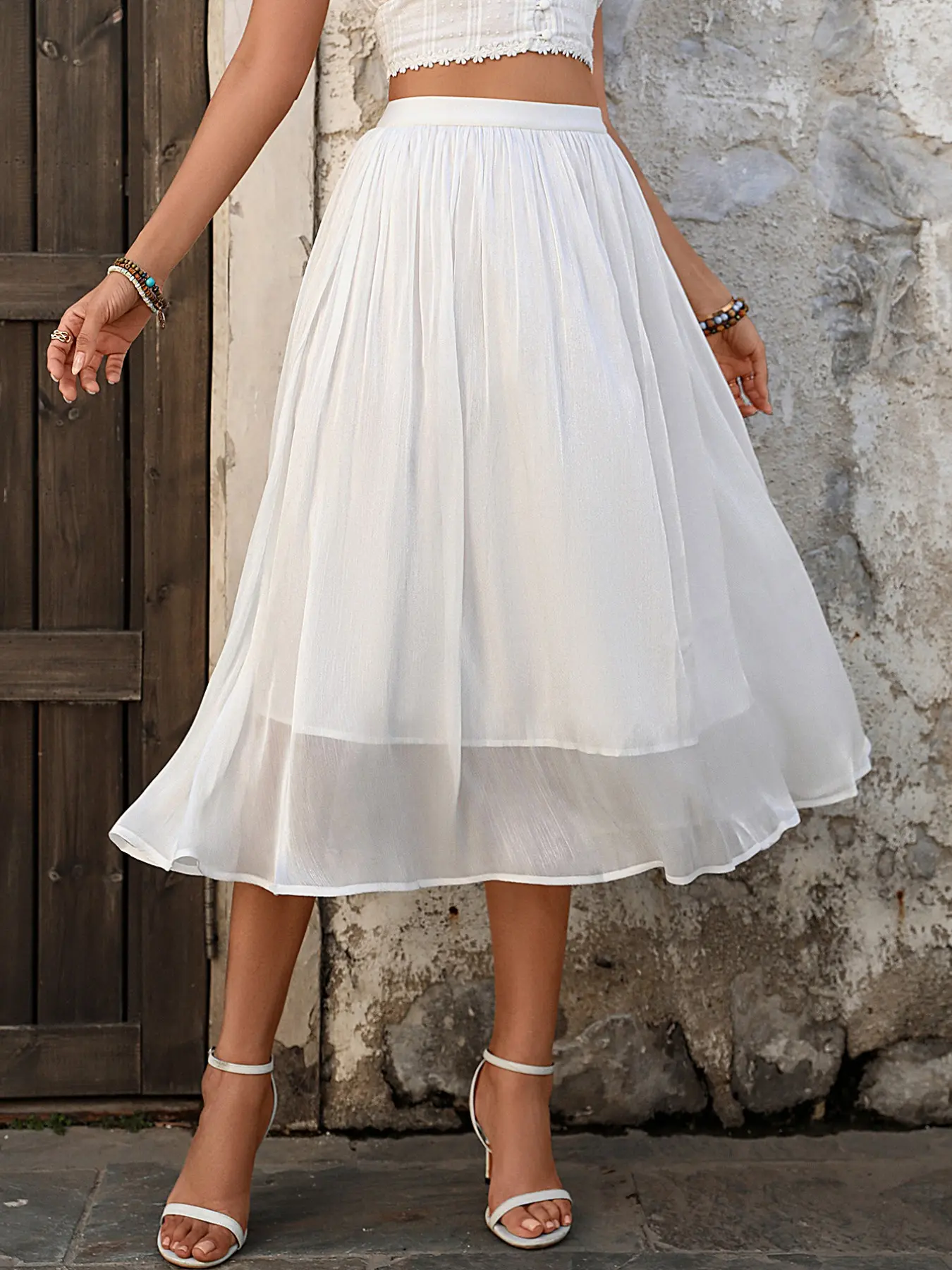 Chic Pleated Midi Skirt, Wide Elastic Waist, Full Lining, Flowy A-Line, Perfect for Beach Vacations, Picnics, Daily Wear, Street Style
