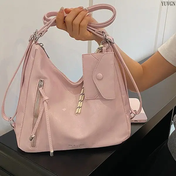 Sweet Pink Convertible Gym Backpack - High-Capacity Hobo Shoulder Tote with Multi-Pocket Zippers, Adjustable Strap, Matching Mini Card Pouch for Work, Daily Commute