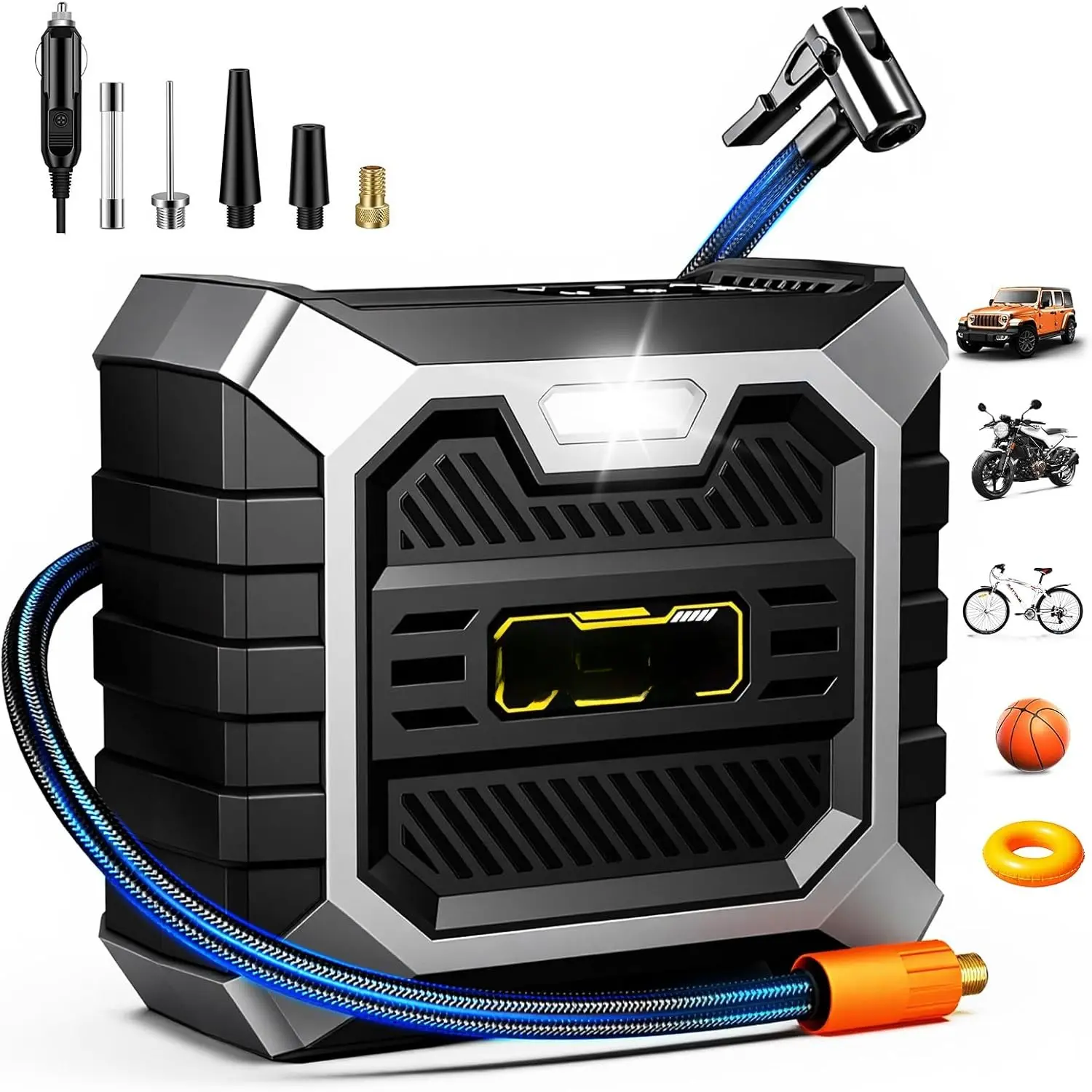 Tire Inflator Portable Air Compressor, 12V DC Automatic Corded Pump with Digital Gauge and LED Light, 100 PSI for Cars & Motorcycles, 12 Vdc