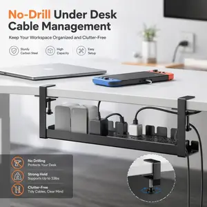 No-Drill Under Desk Cable Management Tray, Clamp-On Metal Wire Organizer Holds Power Strip, Cords & Chargers  Say Goodbye to Clutter for a Clean, Tidy Desk