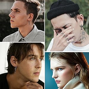 Jstyle 21 Pcs Earrings for Men Stainless Steel Black Long Chain Dangle Hoop Earrings for Men Women Jewelry Piercing Men Earrings Set