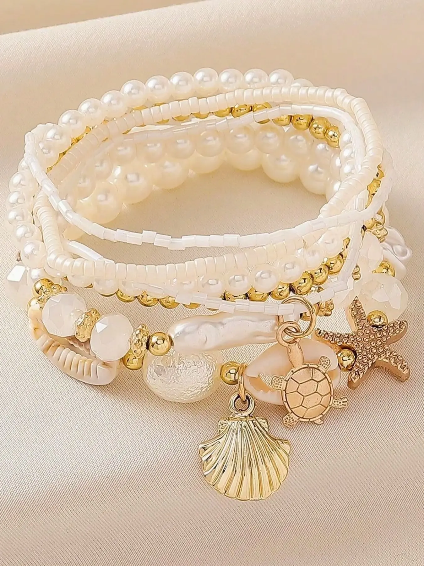 7pcs/set Shell Pearl & Starfish Beaded Bracelet Sets, Boho Style Stackable Design, Perfect for Women, Beach, Party, Wedding Accessories, Bracelets Stack