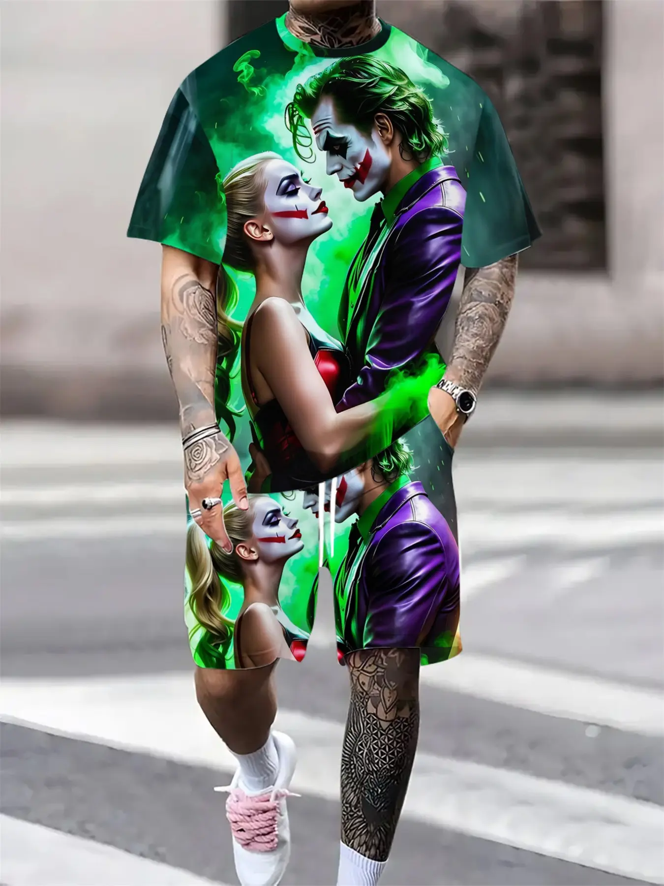 Men's Summer Christmas Collection, Warner Collaboration, Joker Quinn Print, Casual Sports Two-Piece Set, Comfortable Everyday Wear