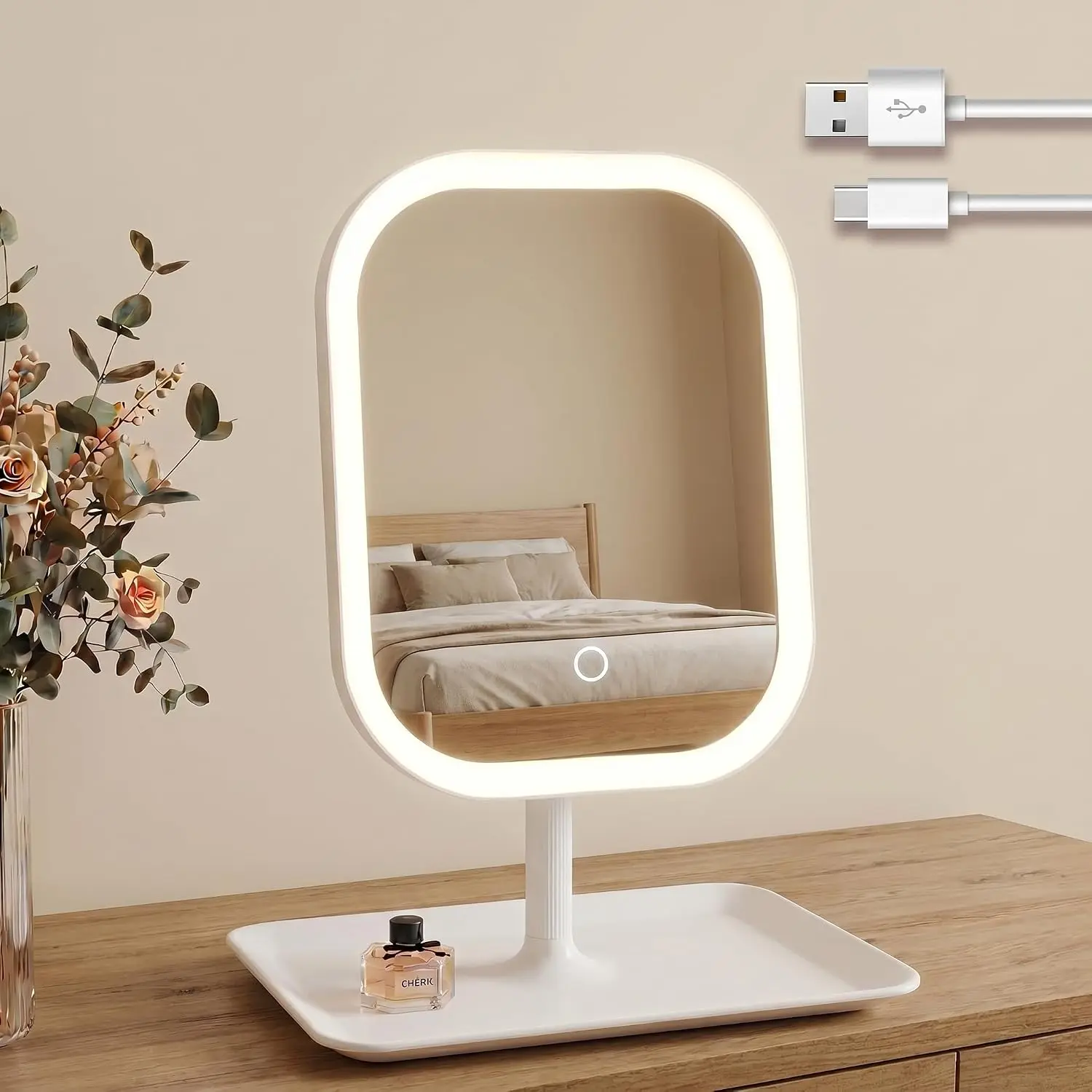 Touch-Sensitive Controls Vanity mirrorr, Makeup Mirror with LED Light, 2400mAh Rechargeable, 270-degree Rotation Adjustment,Beauty Vanity Mirror with Lights, Portable Travel, 3 Light Color (White)