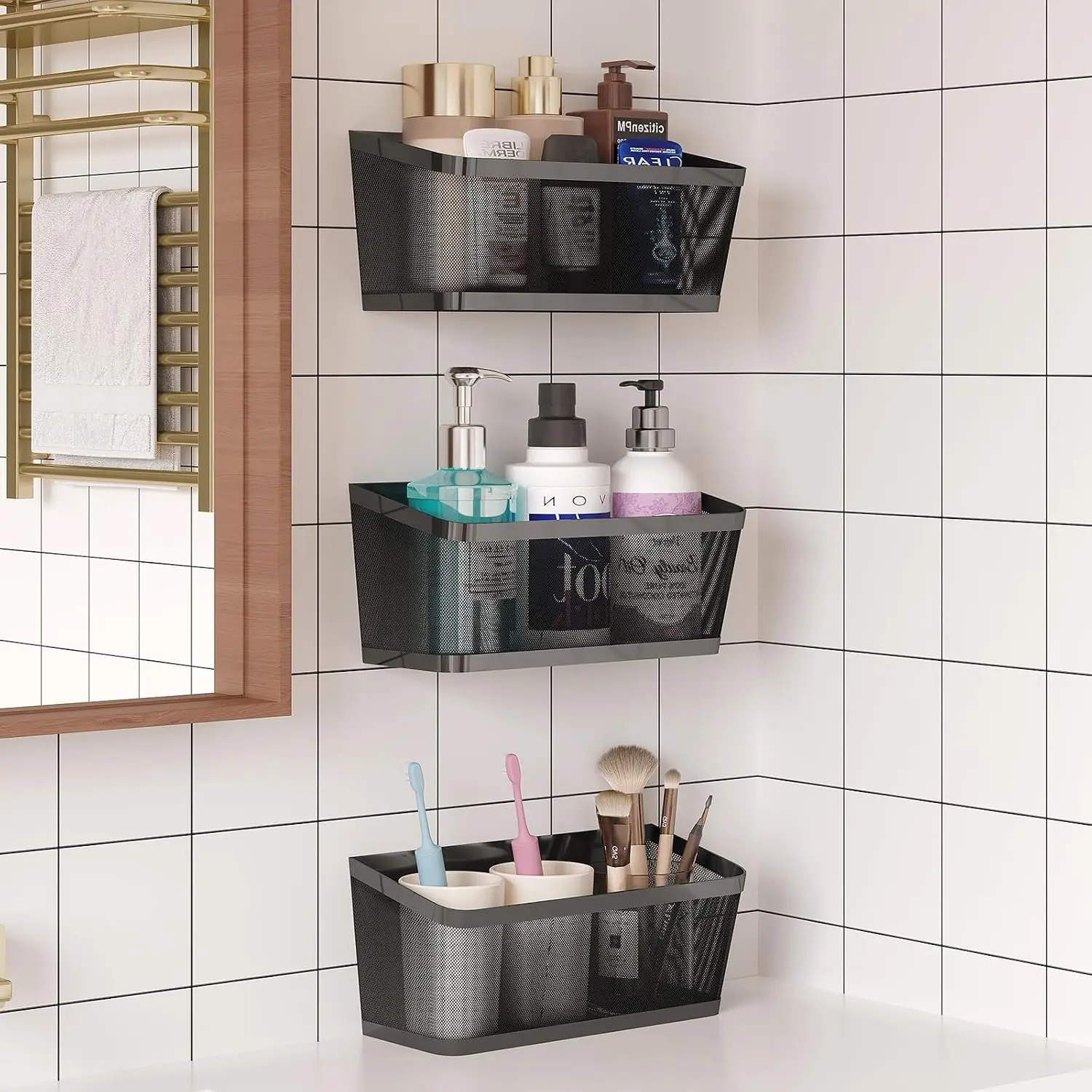 3 Pack  Wall Storage Baskets, Heavy Duty Metal Wire Baskets | with Adhesive Hooks & Screws, Space-Saving Organizer for Kitchen Pantry, Bathroom, Laundry, Closet, Coffee Bar
