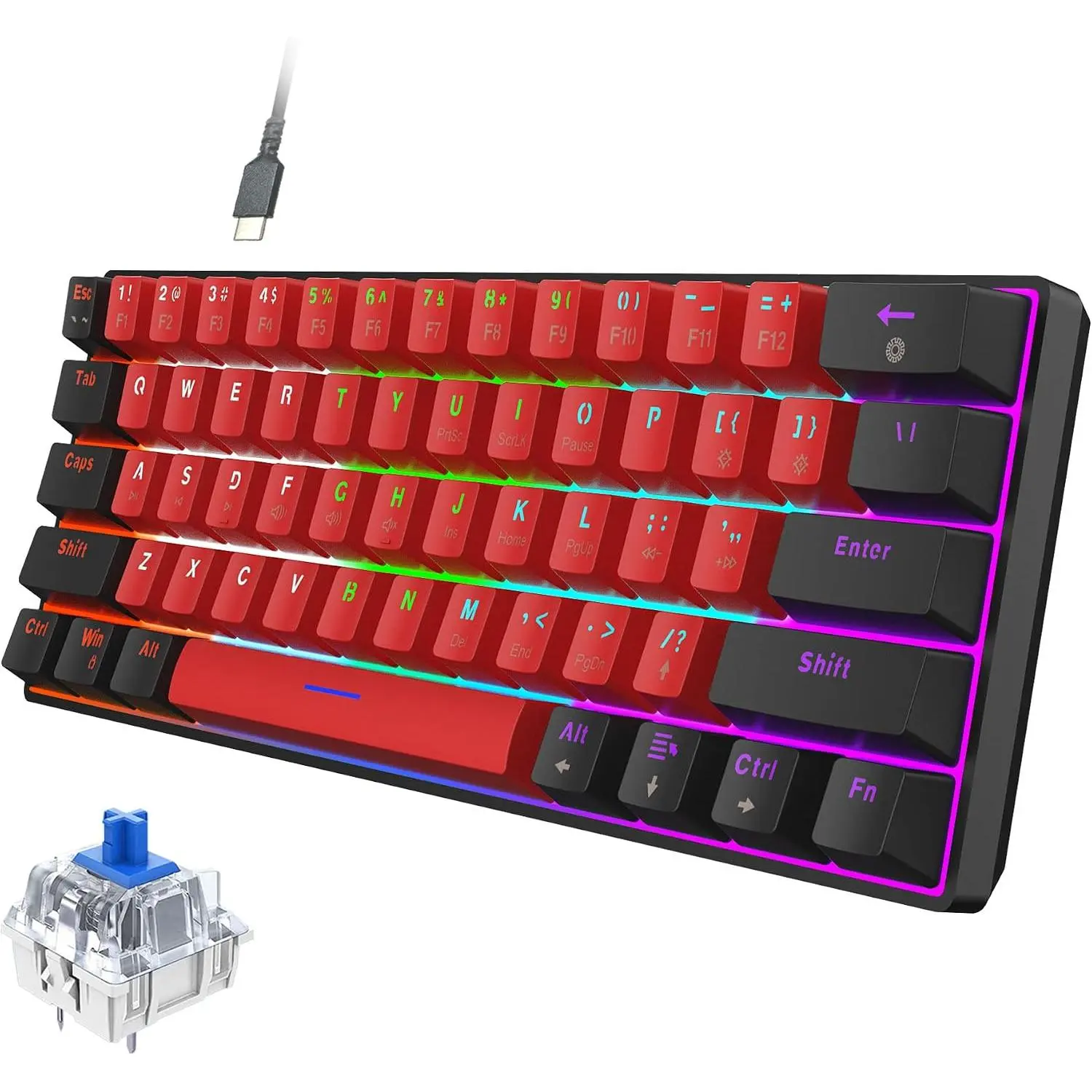 60% Wired Mechanical Gaming Keyboard (Black-Red, Blue Switches) | LED Backlit 60 Percent Gaming Keyboard for Windows Laptop PC