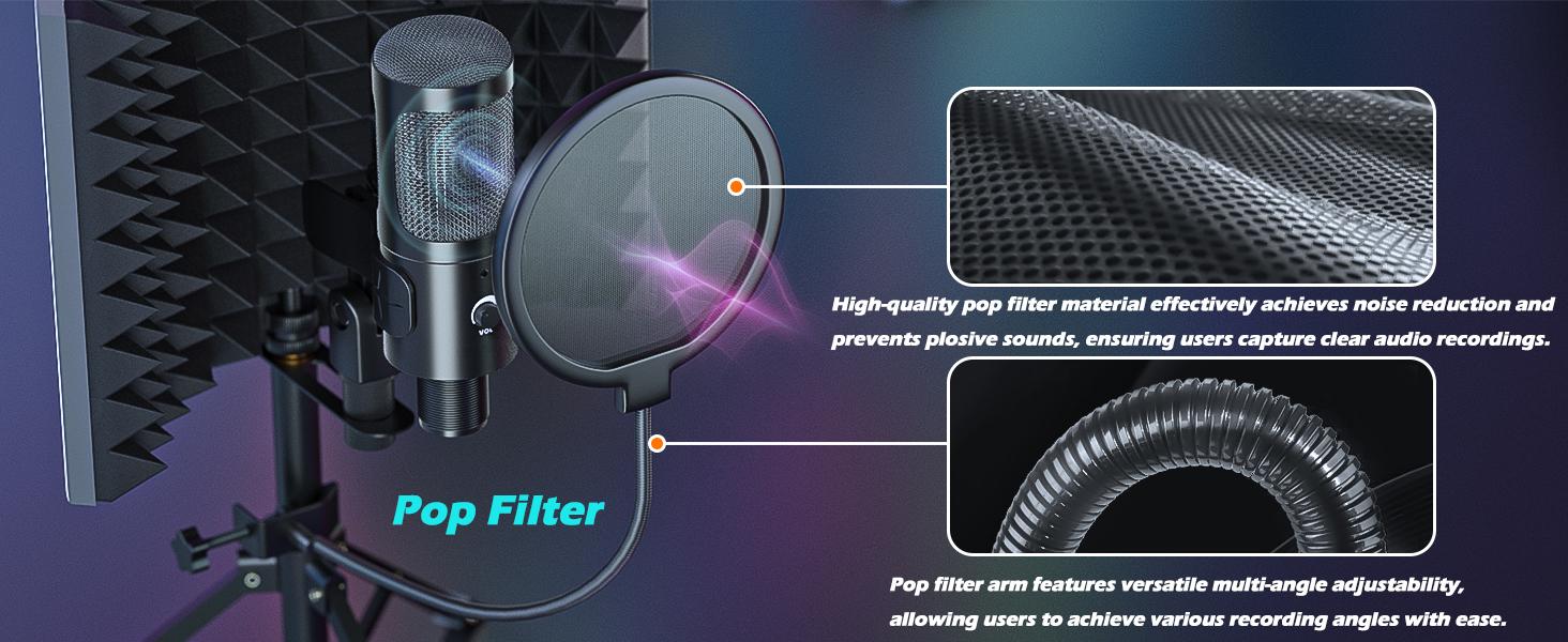 Studio Recording Microphone Isolation Shield with Pop Filter and Metal Tripod Stand, Studio Mic to PC Laptop Smartphone, Music Microphone for Recording Singing Podcasting