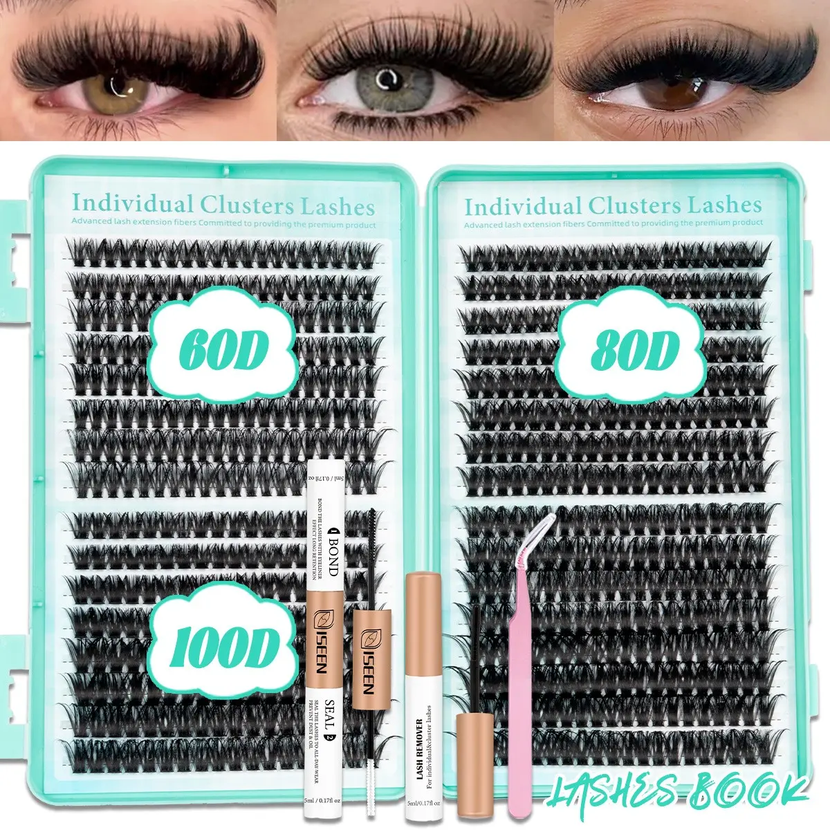 Large Capacity Eyelash Clusters Kit, 30-200D Natural Style Individual Synthetic Lashes, Soft Eyelash Extensions, DIY Eyelash Cluster, Suitable for Beginners, Includes Bond&Seal &Remove&Eyelash Tweezers，Self-Use Set