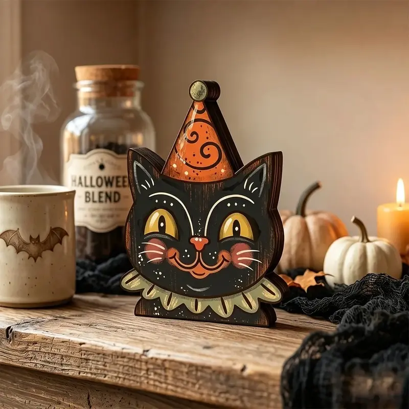 1pc Vintage Halloween Wooden Block Display, Cute Pumpkin & Black Cat Design, Indoor Tabletop Decor for Home, Windows & Shelves, Perfect Party Decor & Housewarming Gift