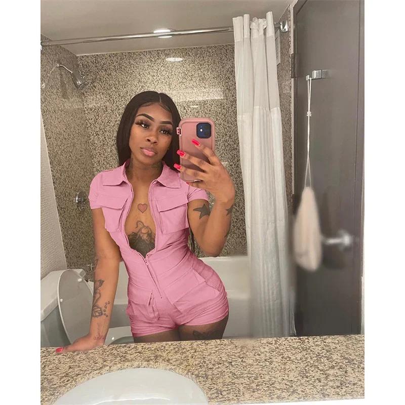 Streetwear Zipper Pockets Shorts Jumpsuit Women Clothing Short Sleeve Skinny Cargo Playsuit Summer Casual Pieces Romper