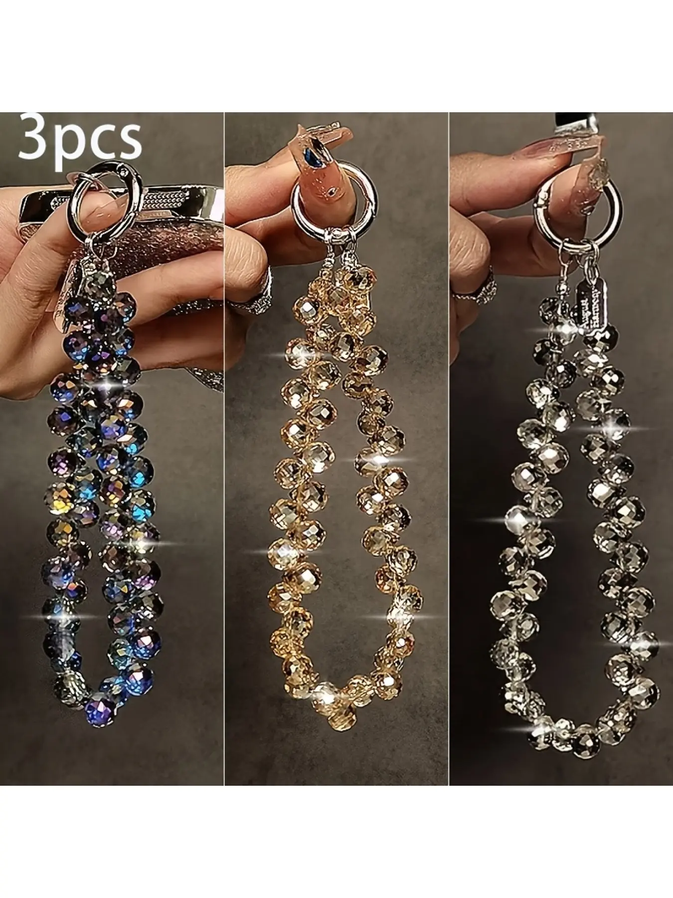 Bling Crystal Phone Strap Set for Women, Metal Circle Chains Wristlet Keychain, 3PCS Multi-Color Glitter Phone Charms for Bag, AirPods, Wallet, Y2K Aesthetic Handheld Strap, Perfect for Party Date Daily