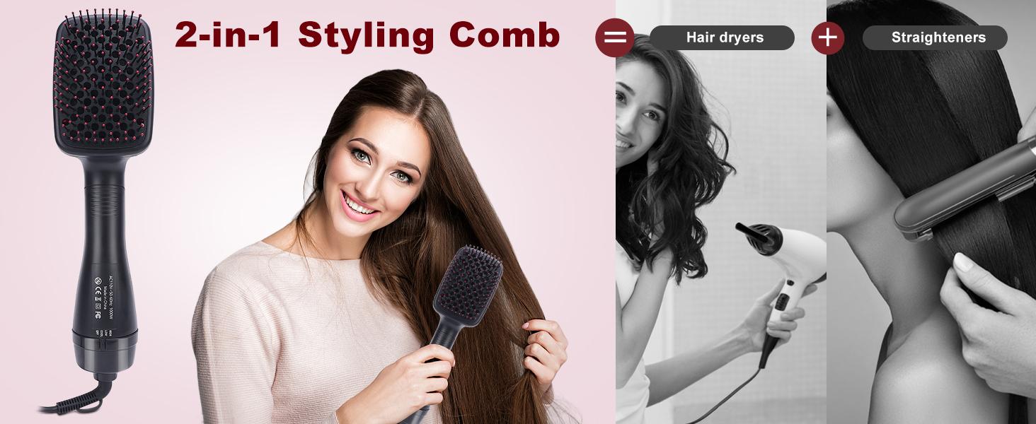 2 in 1 Hair Dryer Brush & Straightener Brush, Hair Dryer and Styler, Negative Ion Blow Dryer Brush, Hot Air Brush Detangles, Dries, Smooths, Reduce Frizz & Static