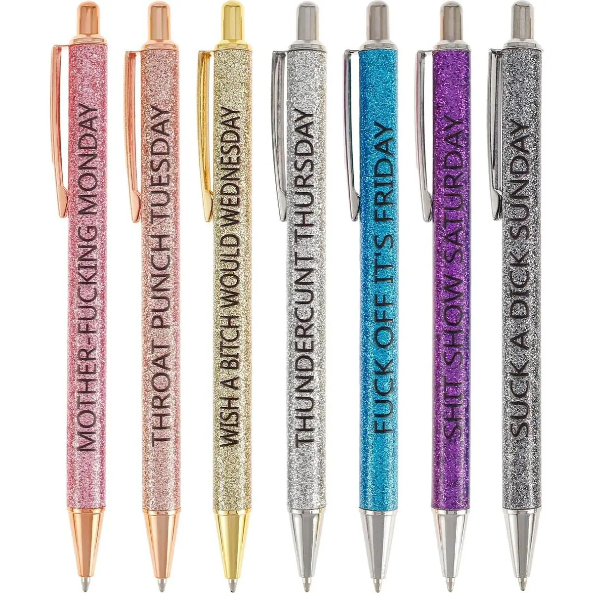 7 count Funny Pens,Fun Ballpoint Pens Daily Pen Set,Seven Days of The Week Pen Describing Mentality,Weekday Vibes Glitter Pen Set,Dirty Cuss  Pens for Each Day of The Week