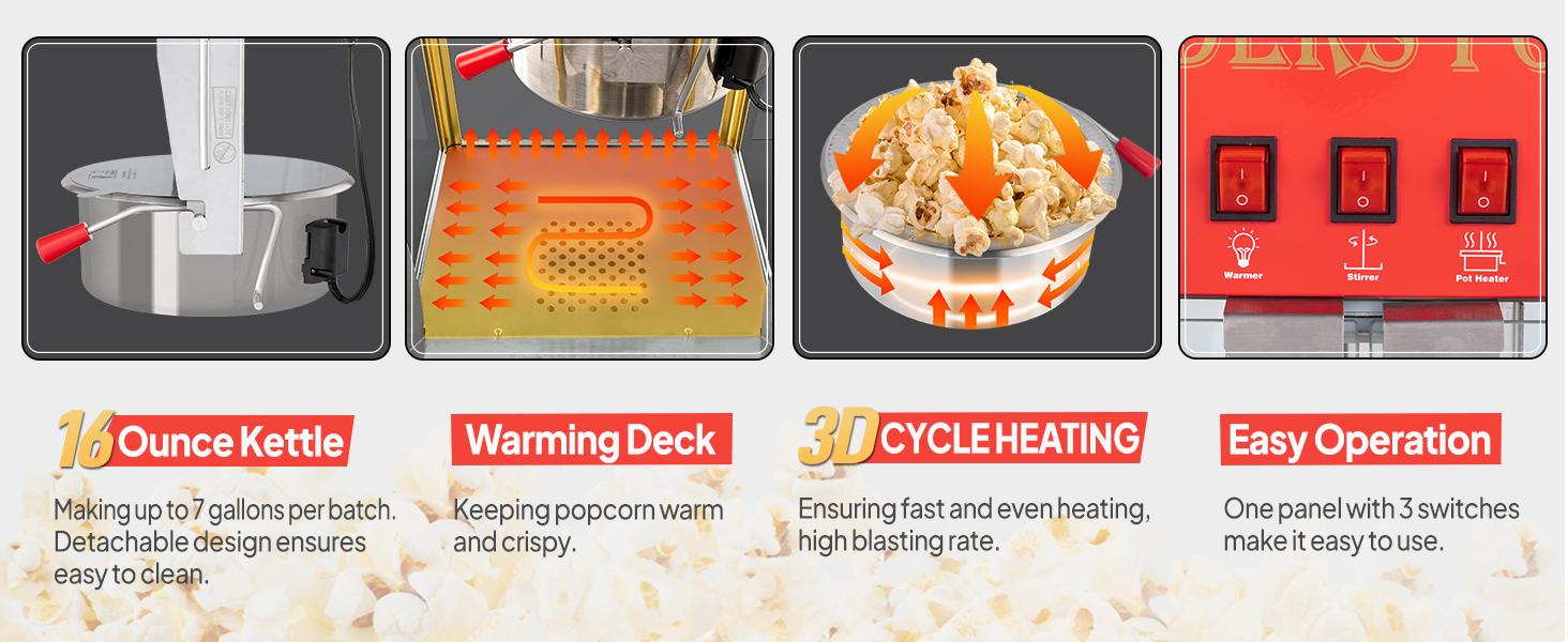 ROVSUN Popcorn Machine with 12/16 Ounce Kettle, Countertop Popcorn Maker Commercial Popcorn Machine w/Stainless Steel Scoop, Oil Spoon & 3 Popcorn Cups for Home Movie Theater