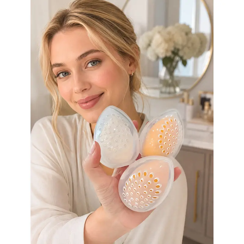 Portable Plastic Makeup Sponge Storage Box, Clear Teardrop Beauty Puff Holder, Breathable Multi Hole Cosmetic Sponge Container for Wet and Dry Sponge Drying, Travel Makeup Organizer, Vanity Countertop Storage, Cute Beauty Essential for Women and Girls