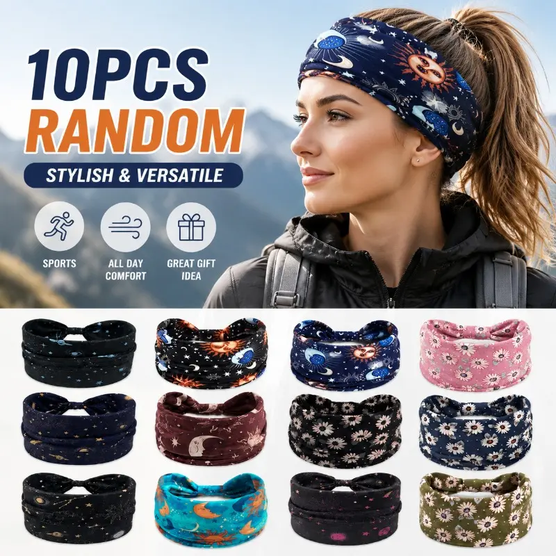 Women's 10 PCS Random Print Twisted Wide Headbands Set - One Size, Non-Slip All Day Wear Hair Wraps, Sports Headbands for Outdoor Sports & Skincare, Celestial Daisy Multi-Pattern Bulk Hair Accessory Gift Pack
