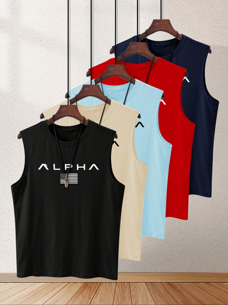 Men's Letter Print Tank Top, Regular Fit Casual Sleeveless Top for Summer, Men's Top for Gym Workout Running, Menswear, Stretch Tank Tops