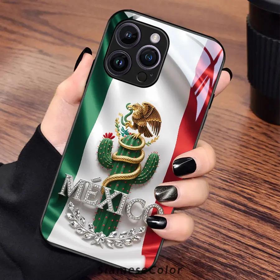 Exquisite 2D Pattern Mexican Flag Diamond Badge Glass Phone Case, Suitable for iPhone 17 16, 15, 14, 13, 12, 11 Plus Pro Max