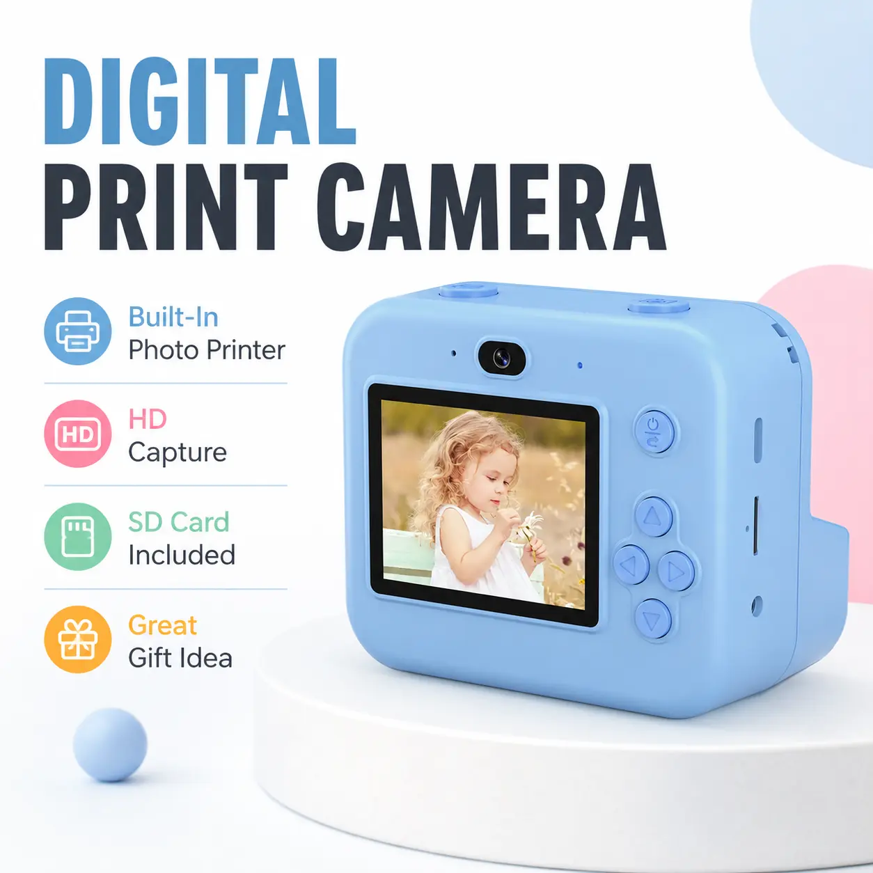 Digital Instant Print Camera with Built-In Photo Printer, HD Capture, 16X Digital Zoom, Rechargeable Camera Set with SD Card and Color Printing Paper for Creative Gifts