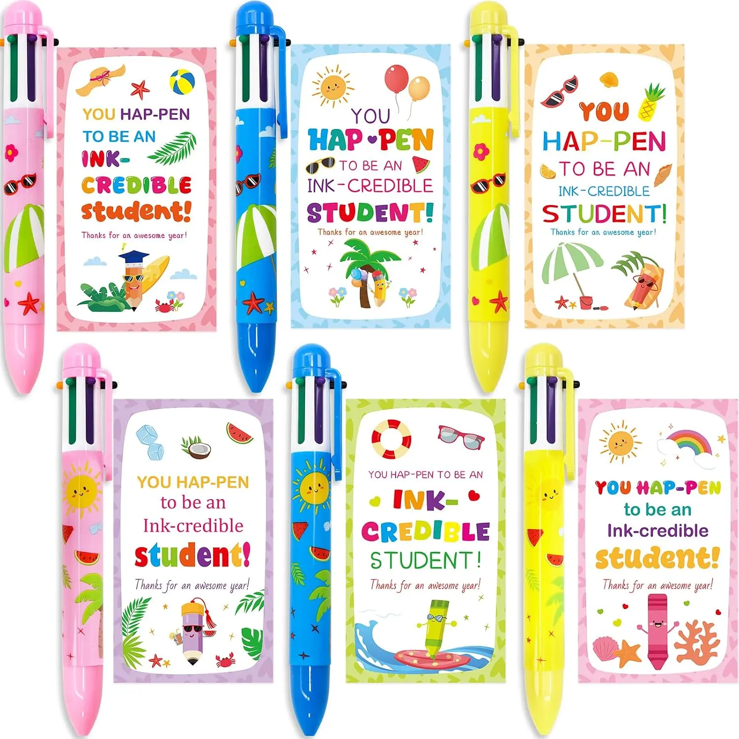 24-Pack Bundle Multi Colored Pen Bulk Set - 6-in-1 Summer Ballpoint Pens with Double-Sided Cards, Plastic Bags Included, for Classroom End-of-Year Gifting