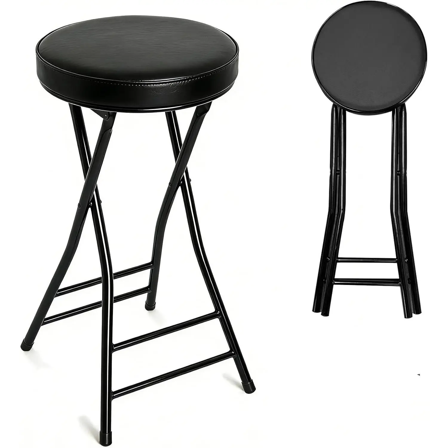 24 Inch Folding Bar Stool Counter Height Cushioned Leather Padded Portable Heavy Duty Collapsible Stool for Kitchen Island Garden Camping Brown