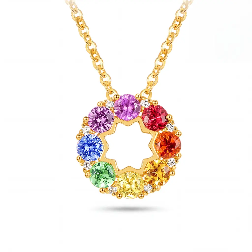 Rainbow CZ Circle Pendant Necklace,Gold Plated Multicolor Stone Jewelry for Women stack
