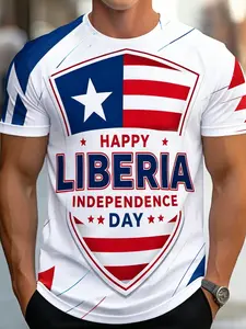 Liberia Independence Day Stars Men's Casual Print Short Sleeve T-Shirt, Round Neck, Breathable, Summer Beach, Vacation, Daily Wear