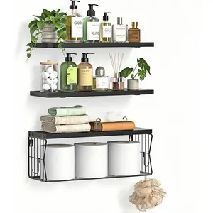 Floating Bathroom Shelves Wall Mounted - Wooden Shelf Set of 3 for Over Toilet Storage & Modern Bathroom Decor - Perfect Wall Shelving Organizer for Apartments RVs Powder Rooms Restroom - Black