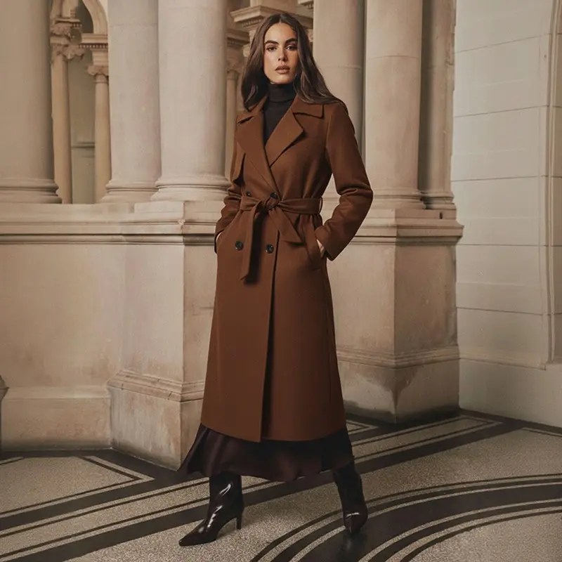 Yimoon New vintage-style trench coat 2026 autumn and winter new elegant high-end woolen coat with straps for women