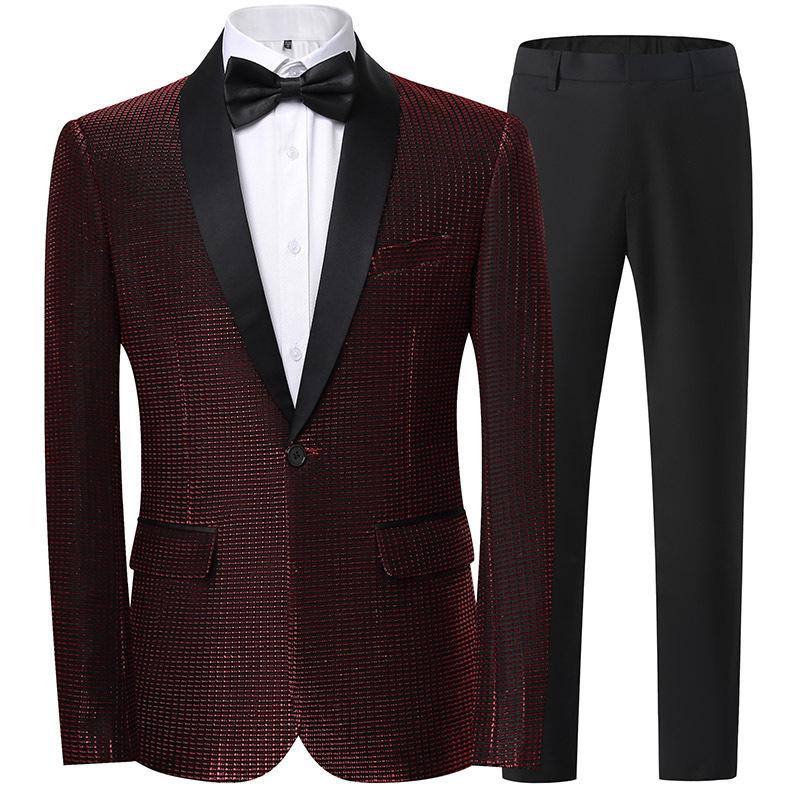 Men's Slim Fit Groom Tuxedo Suit  Korean Style Wedding Blazer & Pants Set, Business Casual Plaid Suit