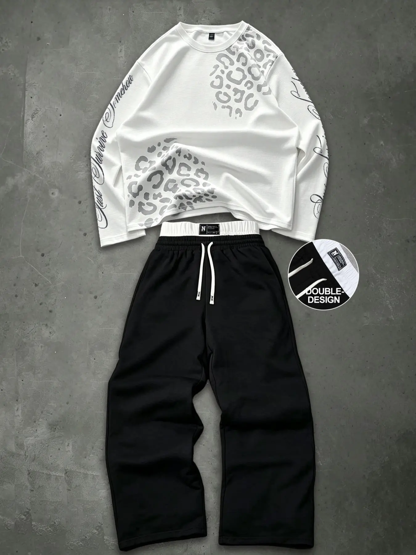 Viral Trendy Leopard Print Long Sleeve Top & Layered Waist Loose Fit Track Pants Two-Piece Outfit - Cursive Graphic Script Sleeve & Oversized Lounge Sweatpants for Skatewear & Daily Style