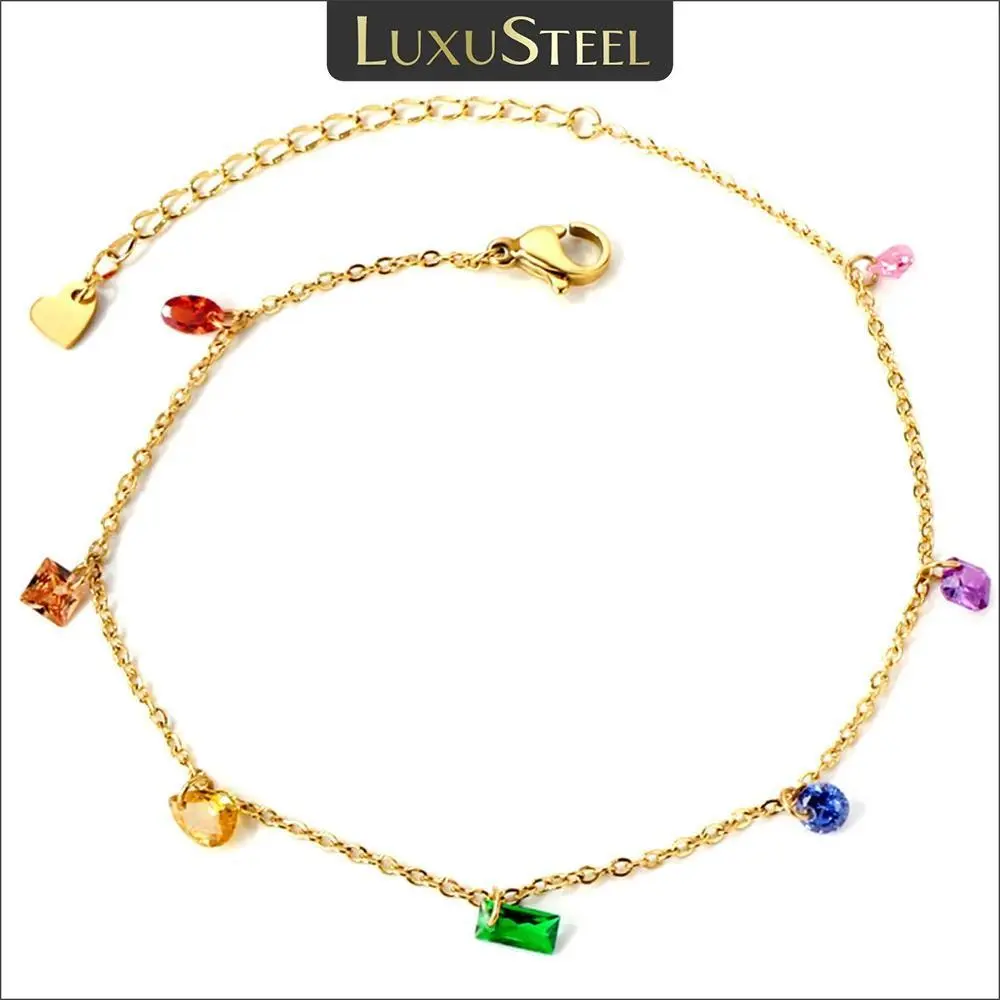 LUXUSTEEL Women's Boho Sweet Colorful Cubic Zircon Anklet, Stainless Steel Chain Ankle Bracelet with Crystal Accents, Summer 2023 Sandal Accessory