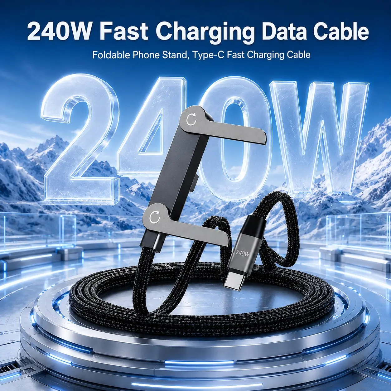 240W Fast Charging Cable with Invisible Foldable Phone Stand, Type-C Braided Data Cable, USB C to USB C Charging Cord Compatible with iPhone Samsung, Gaming & Office Work