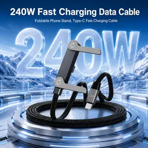 240W Fast Charging Cable with Invisible Foldable Phone Stand, Type-C Braided Data Cable, USB C to USB C Charging Cord Compatible with iPhone Samsung, Gaming & Office Work