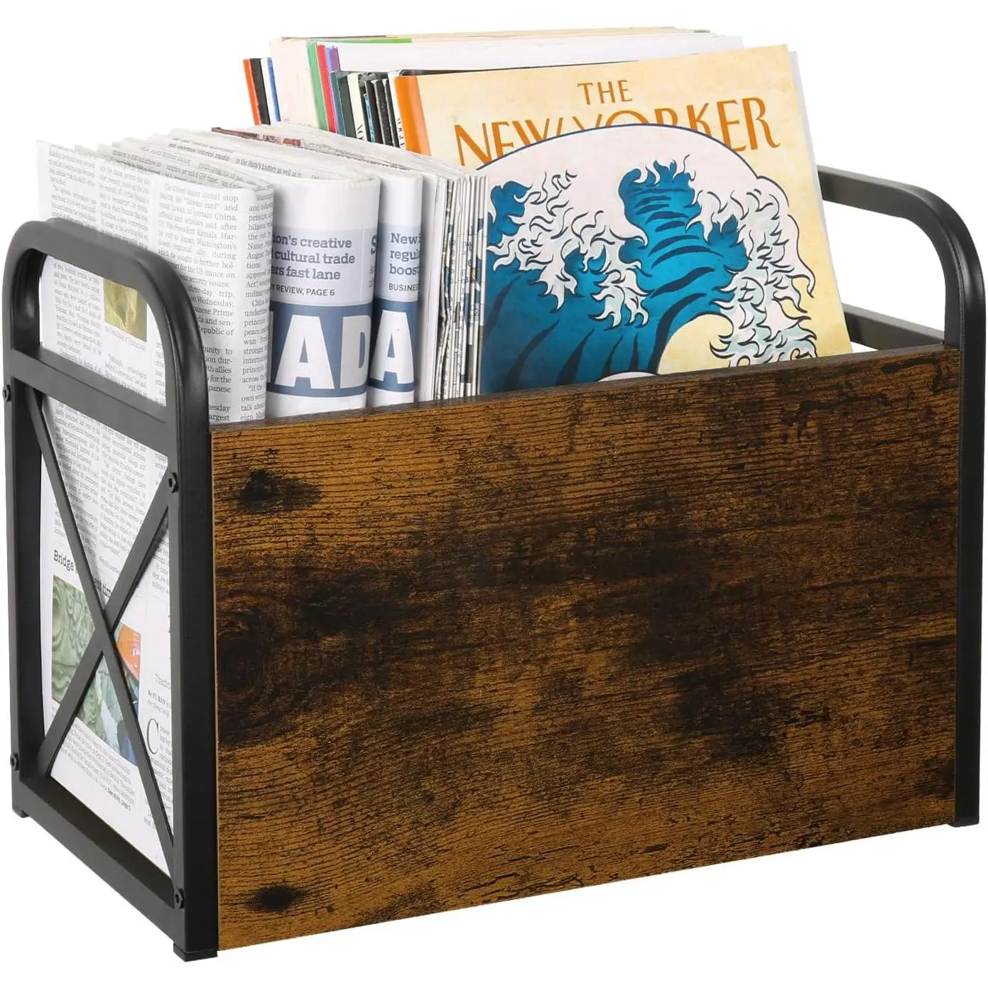 YINMIT Wooden-Metal Floor Magazine Rack Holder - Room Storage Basket Organizer for Books, Newspapers, Folders, Tablets, Paint