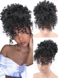 Afro Puff Drawstring Ponytail with Bangs, Drawstring Bob Style, Kinky Curly Ponytail Bun, Short Afro Puffs with Bang for Women, Stylish Hairpiece