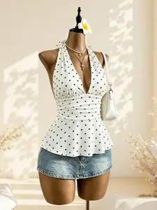 Light Mature Lady Chic Halter Neck Top, Polka Dot Plain Design, Slim-Fitting, Fashionable Daily Wear, Conceals Fat, Perfect for Office